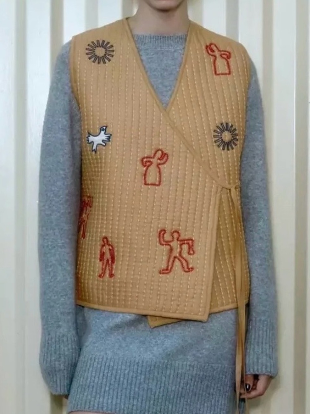 Zara Quilted Embroidered Wrap Vest Tan Gold small Boho Patchwork Artisan Whimsy